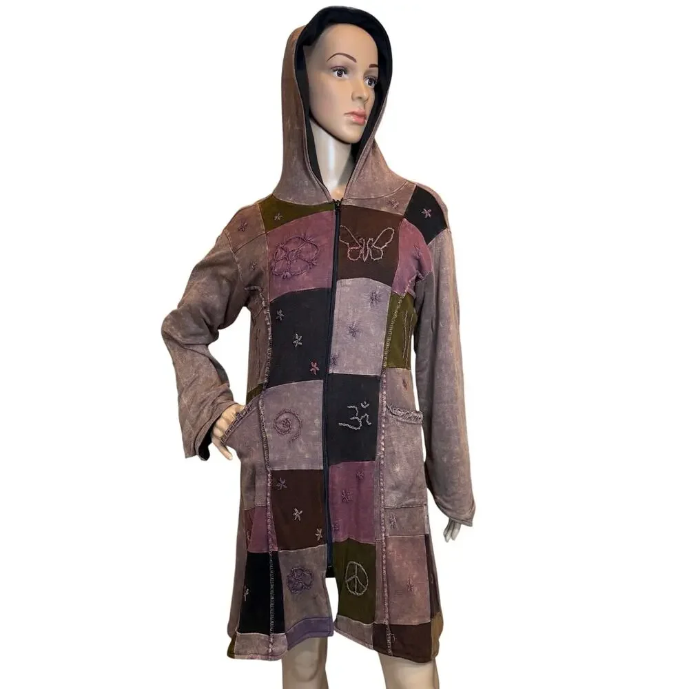 VTG Kathmandu Imports Boho Fairy Grunge Artsy Patchwork Zip Jacket Tunic Dress L - Picture 8 of 16